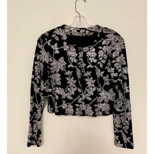 Vintage Womens Jacket Medium Black Floral Glitter Cropped Stretch Whimsigoth 90s